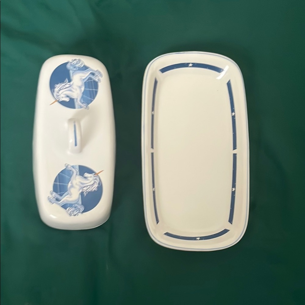 Tienshan Stoneware Butter Dish with unicorn design